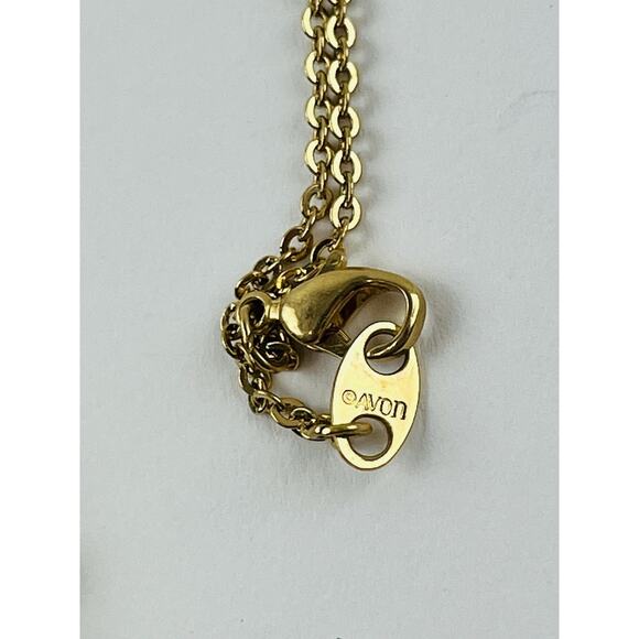 Avon Necklace Gold Tone Pink Porcelain Roses Rhinestone Pendant Chain Green Leaf - Picture 9 of 15